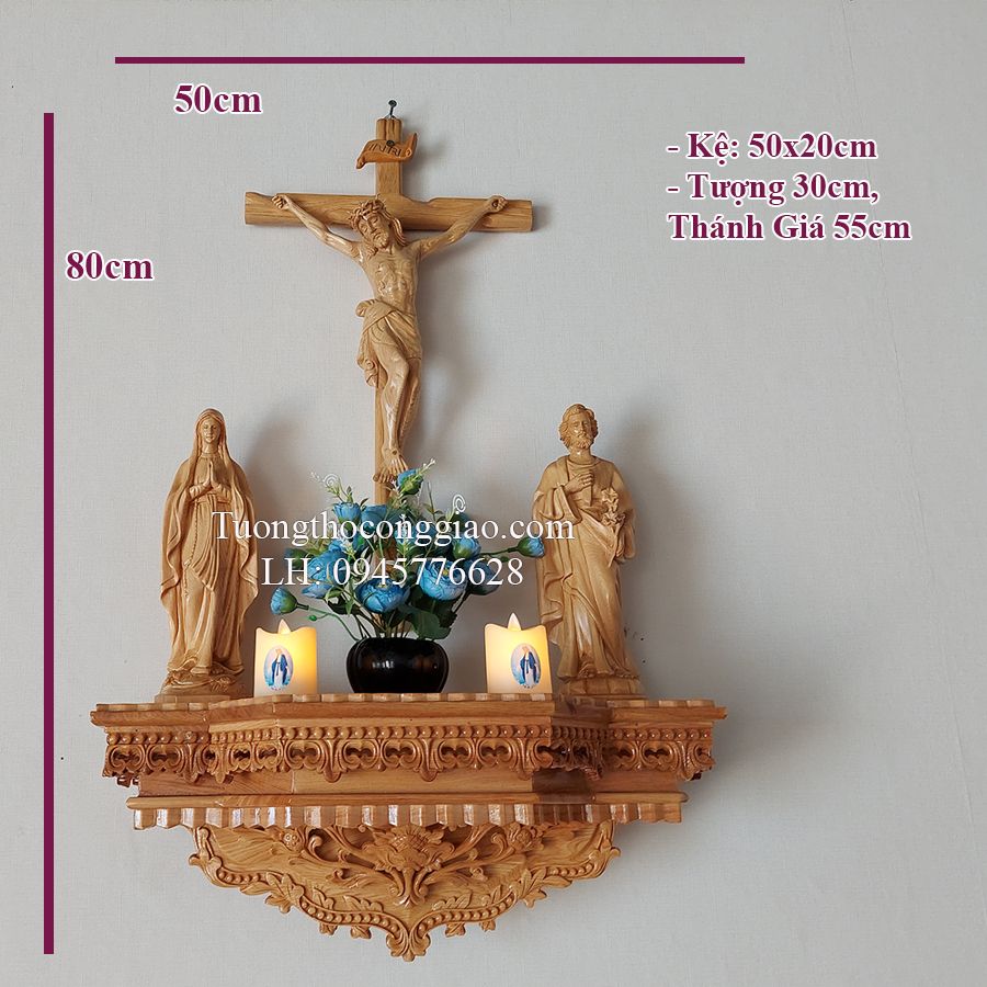 Bàn thờ kệ chùm hoa + bộ tượng gỗ 30cm, Thánh Giá 60cm